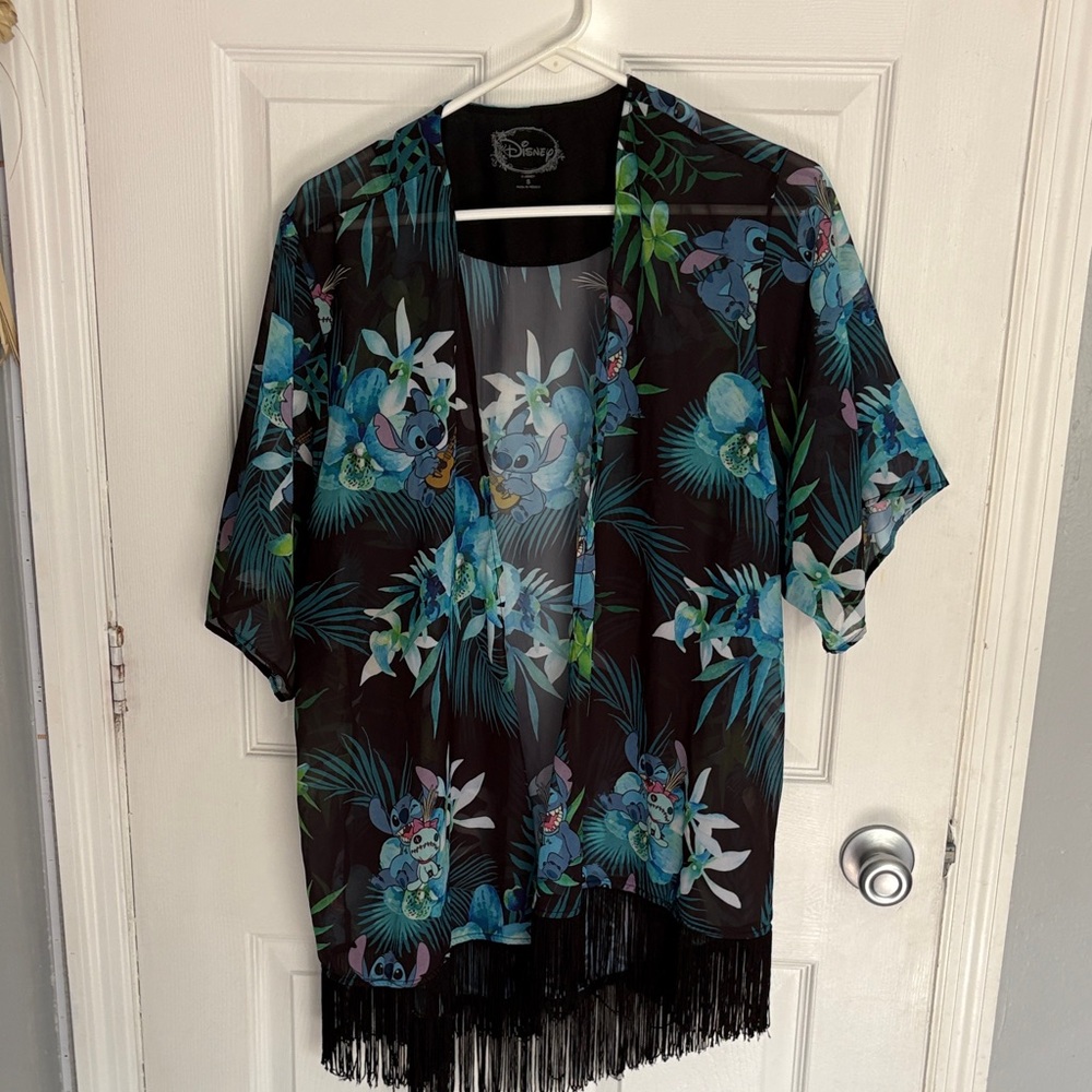 Disney Women's Black and Blue Floral Fringe Kimono Top